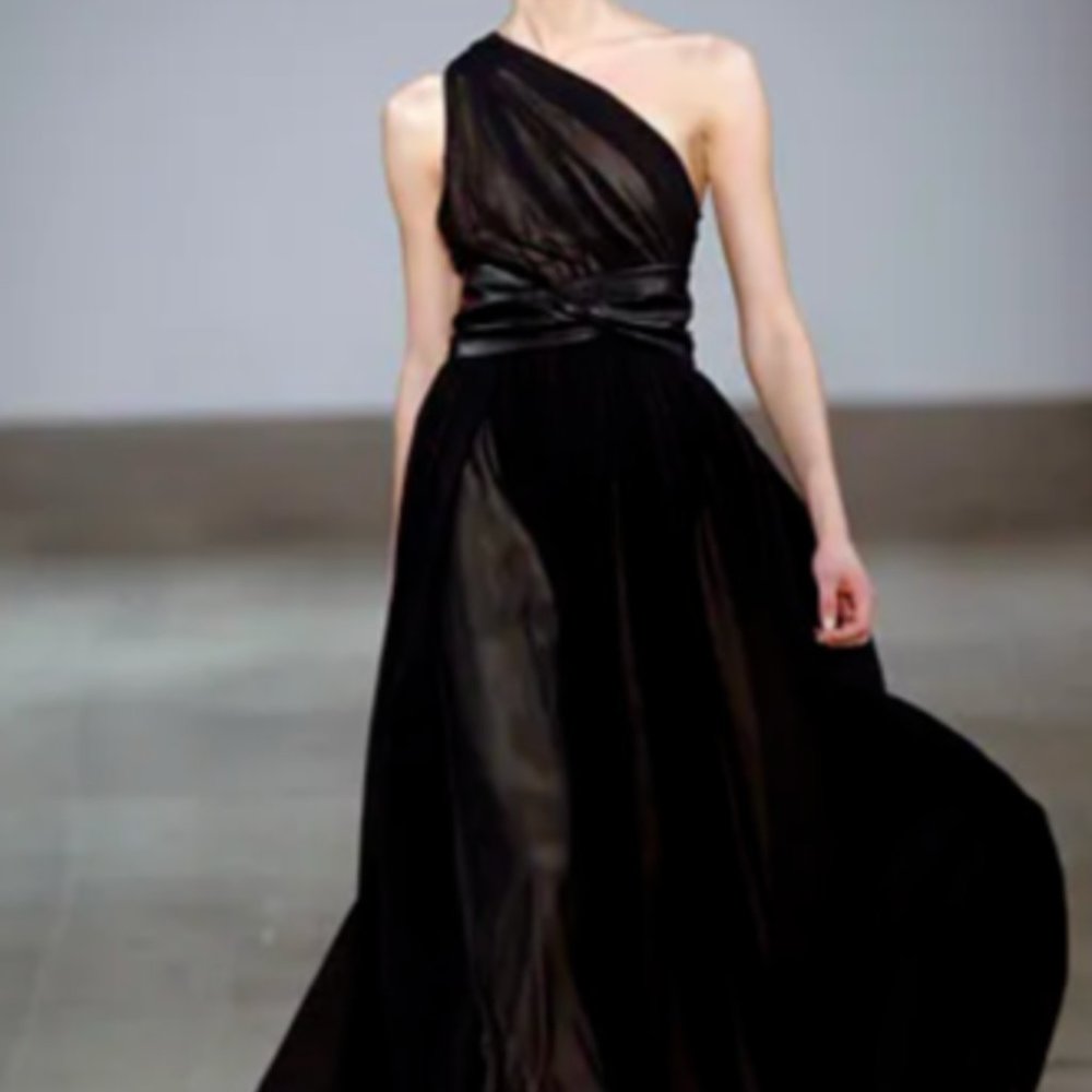 Derek Lam "showstopping" black silk chiffon one-shoulder gown, like new